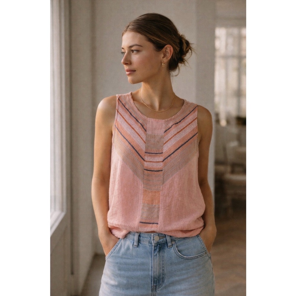 Liverpool Pink Boho Stripe Tank NWT Cotton Textured Top Boho Resort Summer M